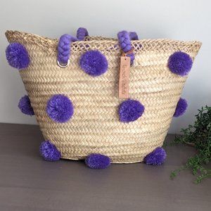 French Baskets Handmade Straw and Woven Purple Pom Pom Bag NWOT